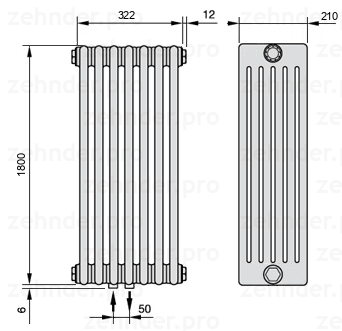 Схема (чертеж) Радиатор Zehnder Charleston 6180/7 №3470 Белый глянцевый RAL 9016